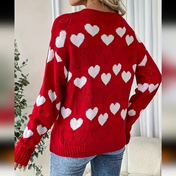 Long-Sleeved V-Neck Heart Patterned Valentines Day Sweater - Sz 18 - Picture 4 of 4